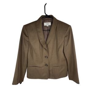 Le Suit Petite 12P Womens Blazer Jacket Brown Striped Lining Button Front